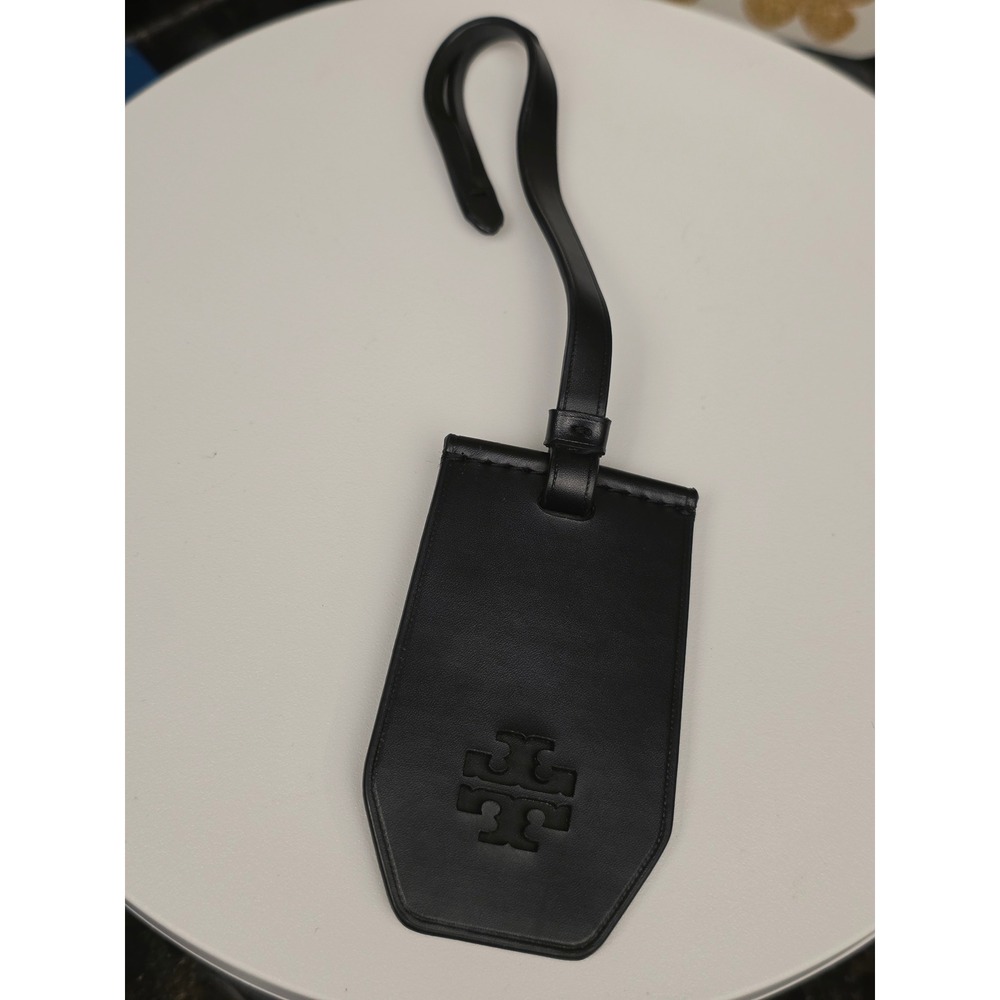 Tory Burch Luggage Tag OS Black Leather Die Cut Logo Travel Accessory Minimalist